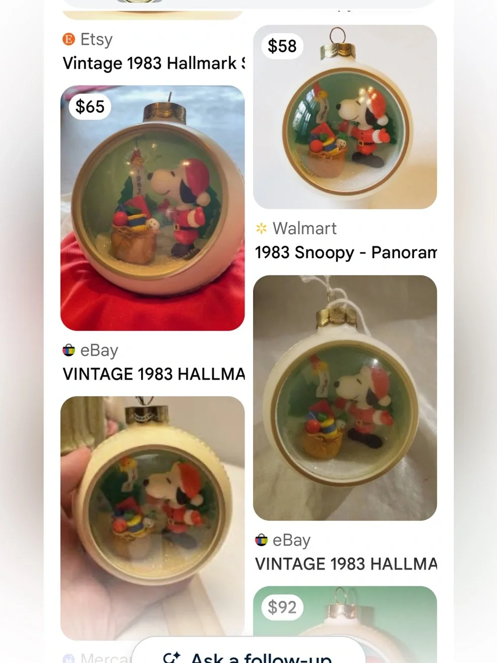 Hallmark Santa Snoopy & Woodstock Panorama Ball Ornament 1983 Vintage